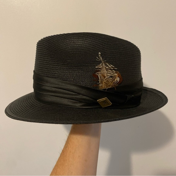 Stacy Adams Black Straw Fedora with Feather Detail - Picture 1 of 8